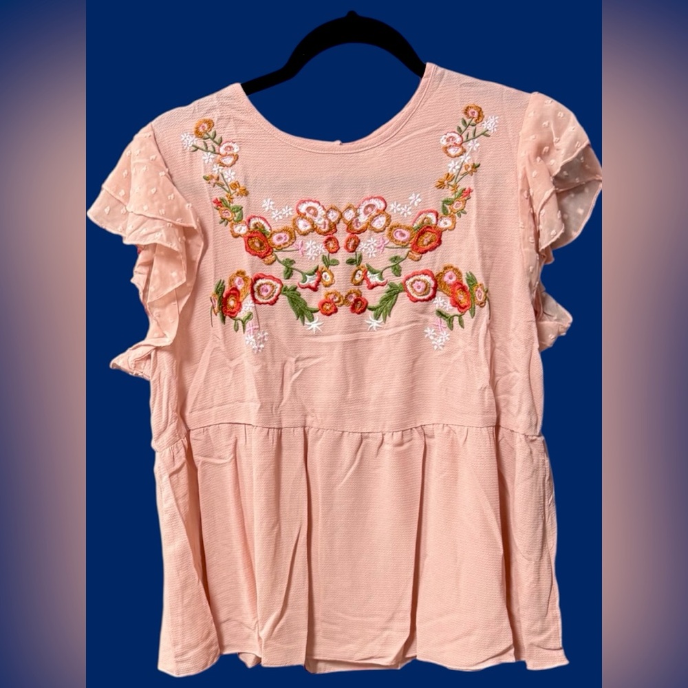 Floerns women’s cotton blouse peach embroidered floral boho cap sleeve XL new